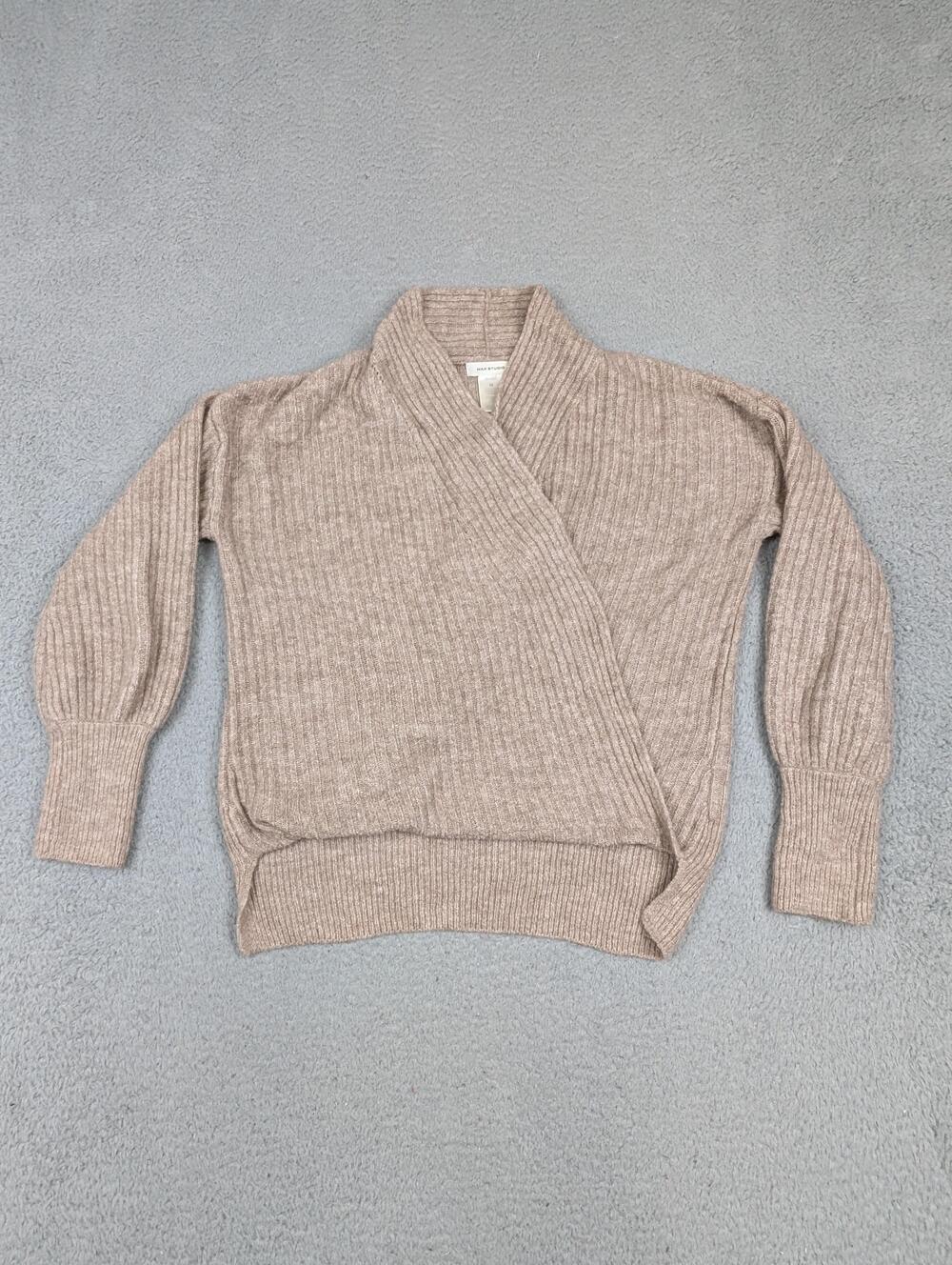 Max Studio Sweater Womens Medium Beige Surplice Wrap Rib Knit Shawl Collar Cozy